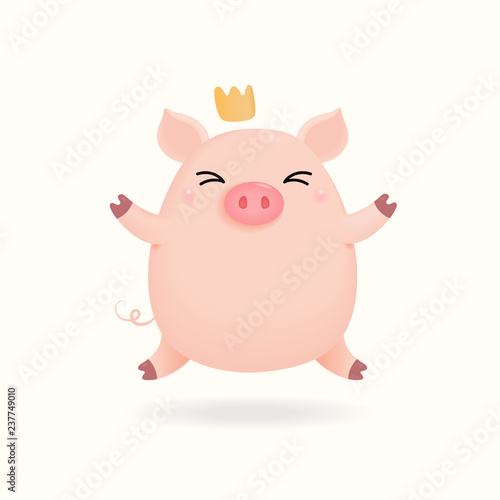 Hand drawn vector illustration of a cute little pig in a crown. Isolated objects on white background. Design concept for Chinese New Year greeting card, holiday banner, decorative element.