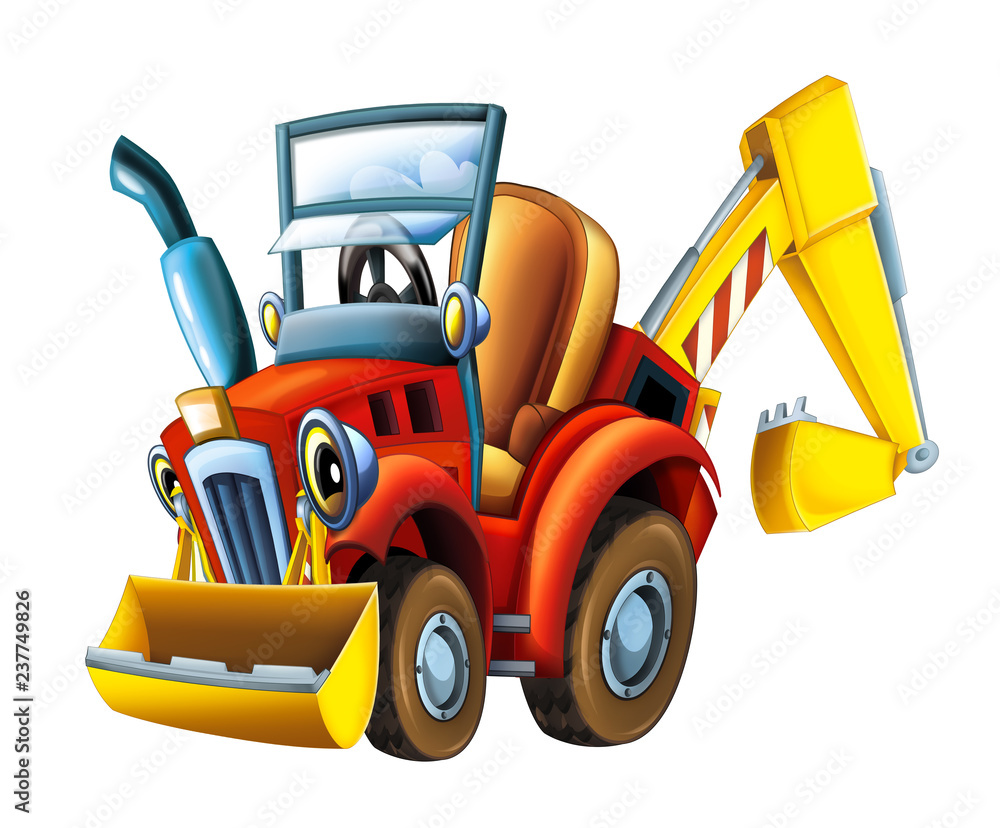 Naklejka premium Cartoon happy and funny farm tractor excavator - on white background - illustration for the childrenCartoon happy and funny farm tractor excavator - on white background - illustration for the children