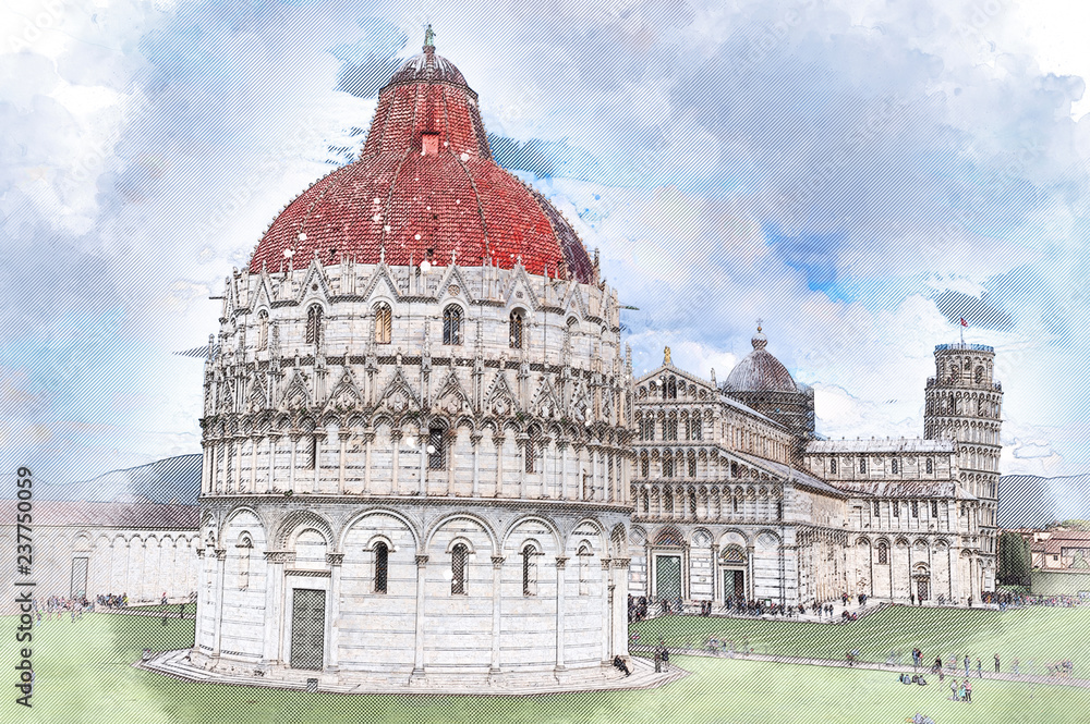 Architectural sketch about Piazza dei Miracoli, Pisa (Italy)