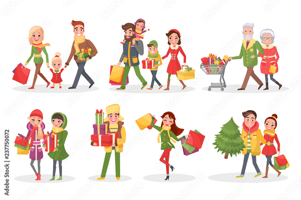 Characters of Families at Christmas Shopping Set