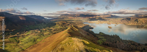 Lake District, UK- Panoramic aerial views over Cat Bells fell and Derwent Water  photo