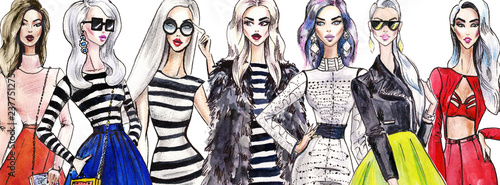 illustration fashionable girls.  Group of diverse young modern women wearing trendy clothes. Casual stylish city street fashion outfits. Hand drawn characters. watercolor fashion illustration