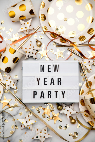 New Year Party lightbox celebration message with luxury gold party decorations