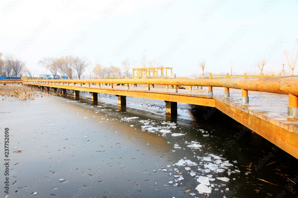 Wooden bridges and frozen water