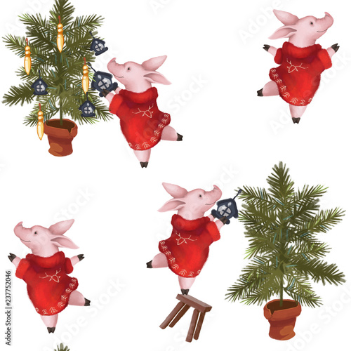 Seamless christmas pattern. Pig is the symbol of the year 2019 decorates the Christmas tree. New year on white. photo