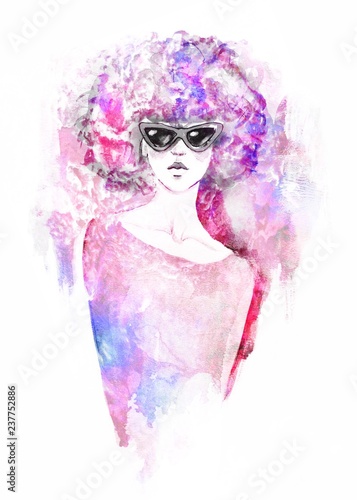 hipster girl with sunglasses. Hand painted fashion illustration . fall trends. fashion trends. Fashion illustration.