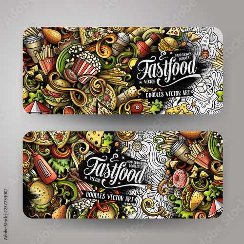 Fast food hand drawn doodle banners set. Cartoon detailed flyers.