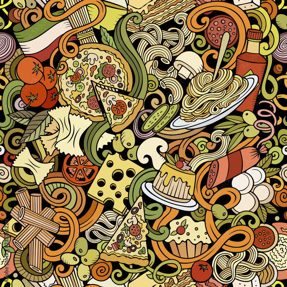 Cartoon cute doodles hand drawn Italian Food seamless pattern