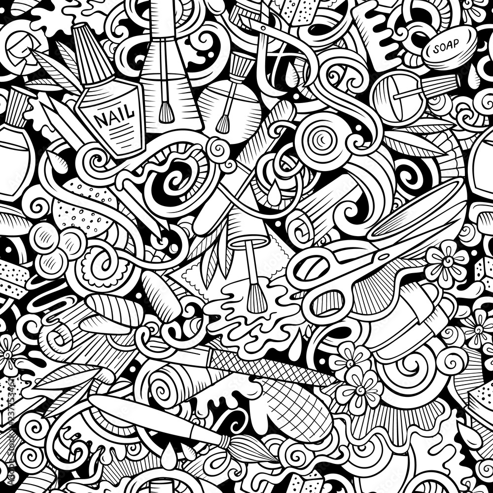 Manicure hand drawn doodles seamless pattern. Nails art background Manicure hand drawn doodles seamless pattern. Nails art background