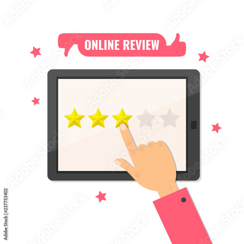 Online review. Star rating. Feedback concept. Review rating on tablet computer. Vector illustration flat design.