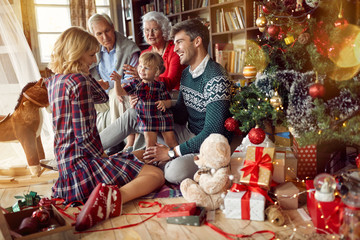 Christmas family portrait - family sitting on floor front of beautiful Christmas tree.