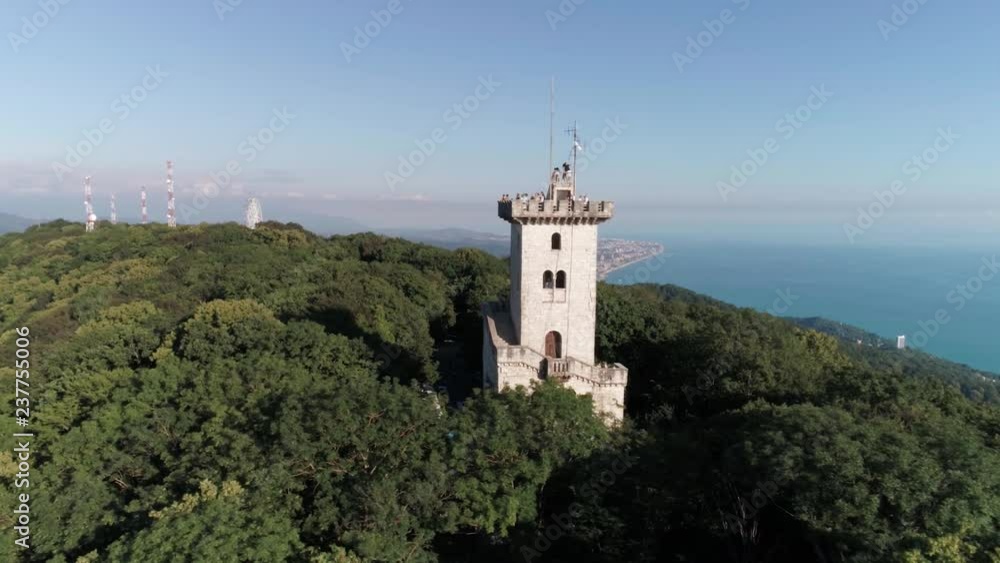 The observation tower on mount Ahun is a landmark of the city of Sochi. Aerial photography with quadrocopter. Panoramic view of the big Sochi. Mountains, forest, sea. View of Adler, Krasnaya Polyana. The observation tower on mount Ahun is a landmark of the city of Sochi. Aerial photography with quadrocopter. Panoramic view of the big Sochi. Mountains, forest, sea. View of Adler, Krasnaya Polyana.