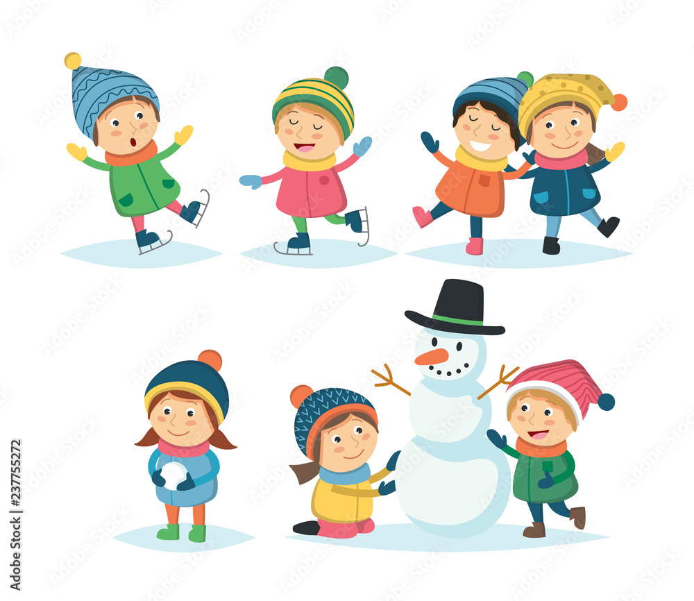 Winter children set with different kids playing outdoor, making snowman, ice skating, isolated on white background.