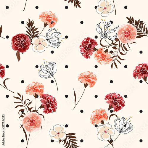 Beautiful trendy and softy blooming carnation flowers seamless pattern vector on pollka dots on summer light pink background for fashion fabric