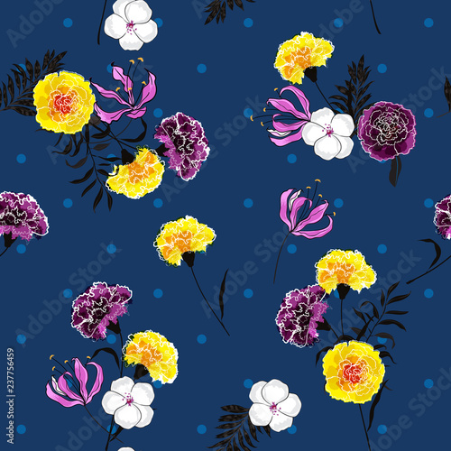 Trendy and summer bright and softy blooming carnation flowers seamless pattern vector on pollka dots on summerelectric blue background for fashion fabric photo