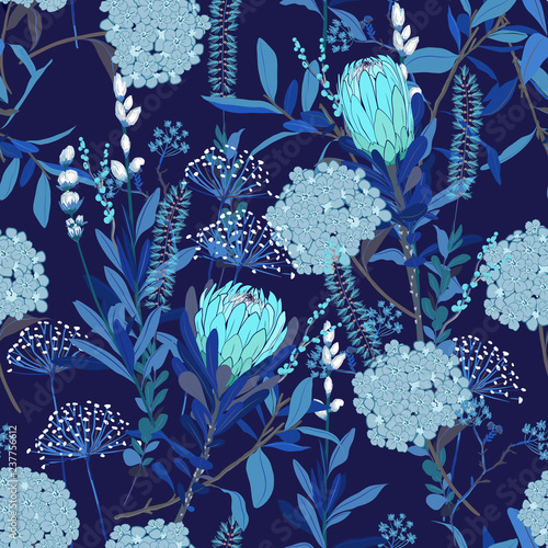 Monotone blue florals pattern in the many kind of flowers. Tropical botanical  Motifs scattered random. Seamless vector texture.fashion prints. Printing with in hand drawn style