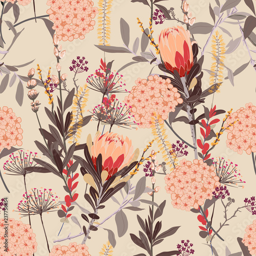 Stylish  vintage florals pattern in the many kind of flowers. Tropical botanical  Motifs scattered random. Seamless vector texture.fashion prints. Printing with in hand drawn style