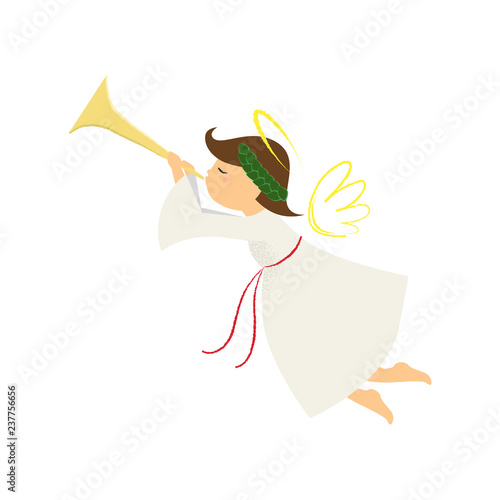 Cute angel with laurel wreath blowing horn. Signal, call, winding horn. Can be used for topics like cartoon, character, Christmas