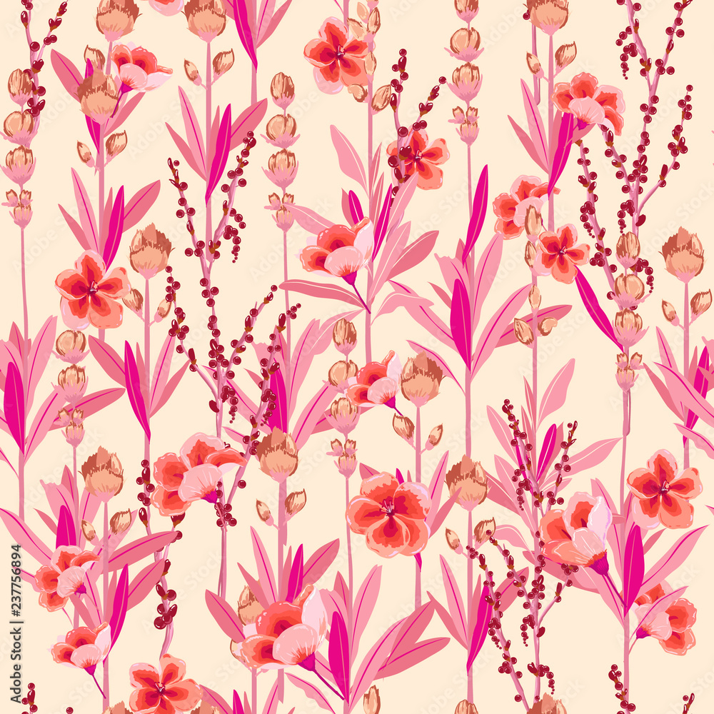 Stylish Garden florals pattern in the many kind of flowers. Tropical botanical . Seamless vector texture.fashion prints. Printing with in hand drawn style