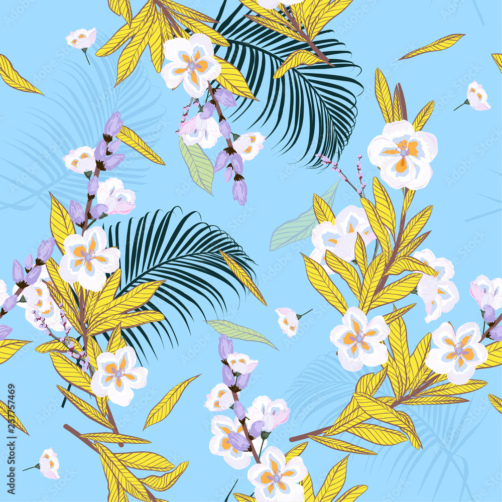 Summer Garden in bright  florals pattern in the many kind of flowers.Forest Botanical . Seamless vector texture.fashion prints.