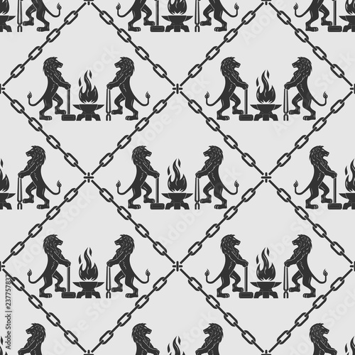 Seamless pattern with lions and anvil.  Vector. Two calm lions stand with tools near the anvil. Flame in the form of a bird Phoenix. Element of design.