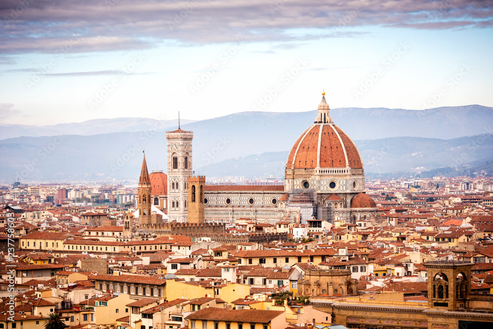 Florence Duomo. Basilica di Santa Maria del Fiore in Florence. Brunelleschi's dome, as seen from Michelangelo hill. Tuscany, Italy