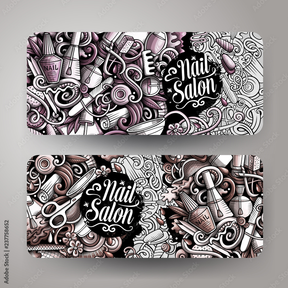 Nail art hand drawn doodle banners set. Cartoon detailed flyers.