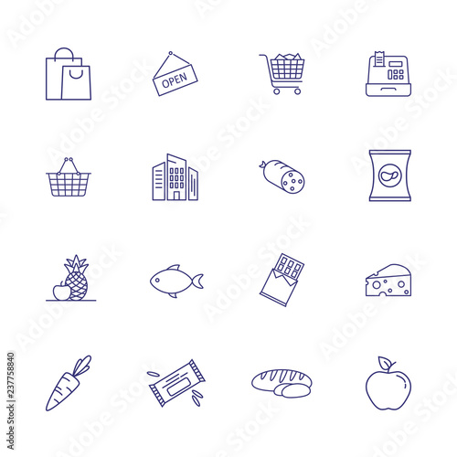 Food market line icon set. Set of line icons on white background. Product store concept. Fish, bread, shopping cart. Vector illustration can be used for topics like shopping, grocery, supermarket