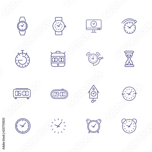 Time line icon set. Set of line icons on white background. Watch concept. Clock, alarm, cuckoo clock. Vector illustration can be used for topics like time, watch shop, home interior