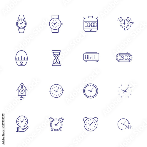 Watches line icon set. Set of line icons on white background. Watch concept. Clock, alarm, cuckoo clock. Vector illustration can be used for topics like time, watch shop, home interior