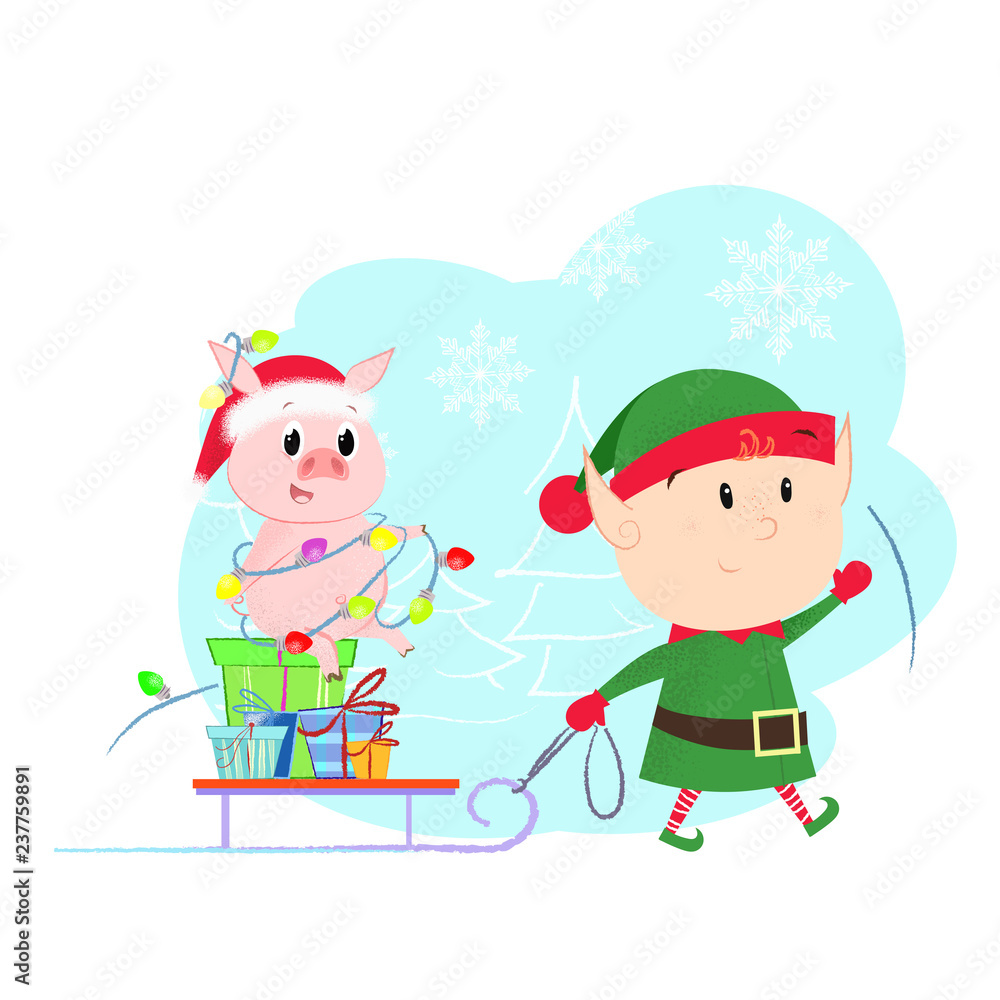 Naklejka premium Christmas elf and pig with Santa sledge. Present, helper, animal. Can be used for topics like symbol of year, celebration, winter