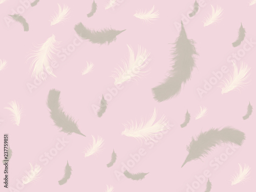 grey and white feathers on pastel pink background, pastel print,