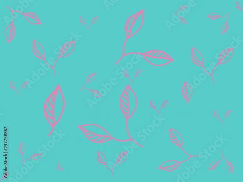 pink leaves on a turquoise background, illustration