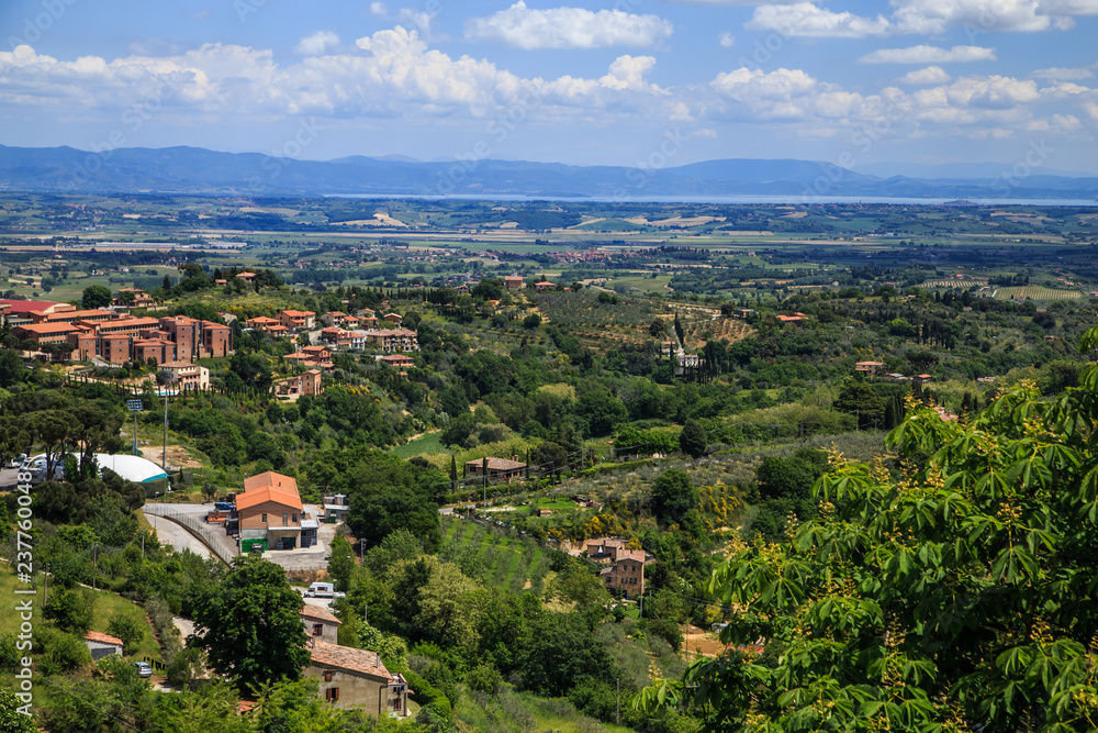 Panoramic aerial view near the medieval town of Montepulciano in a sunny summer day, Tuscany, Italy. Holidays in Italy.