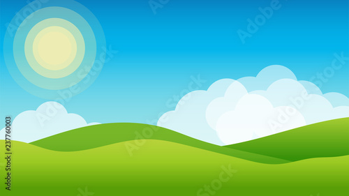 Landscape with hills  clouds and sun. Scenery vector illustration.