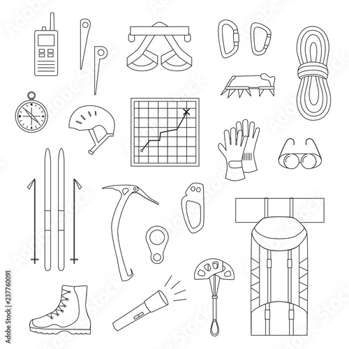 Set line icons of mountaineering equipments. Collection vector icons for climbing, trekking, hiking, tourism, expedition, extreme, camping, outdoor recreation and vacation in mountains.