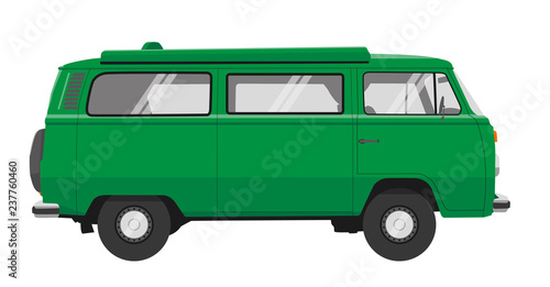 a green bus with many details