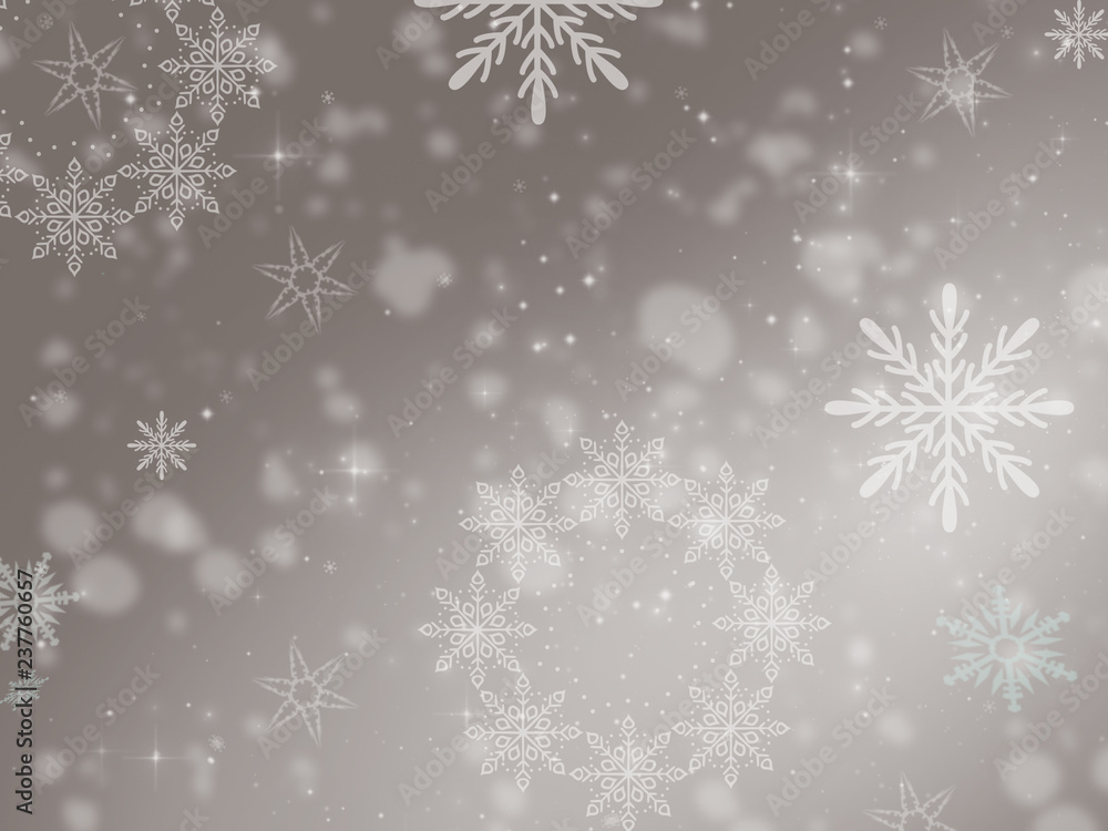 illustration, white snowflakes on grey background, glowing spots, snow imitation