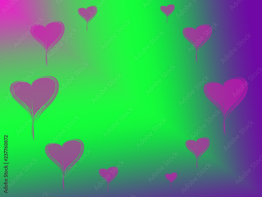 pink hearts of different sizes on purple and green background,
