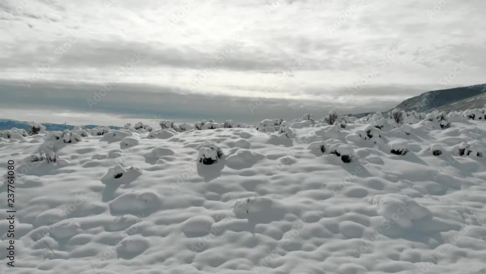 POV-Drive Plate-Passing mounds of snow covered sagebrush climbing road to mountains under cloud layers POV-Drive Plate-Passing mounds of snow covered sagebrush climbing road to mountains under cloud layers