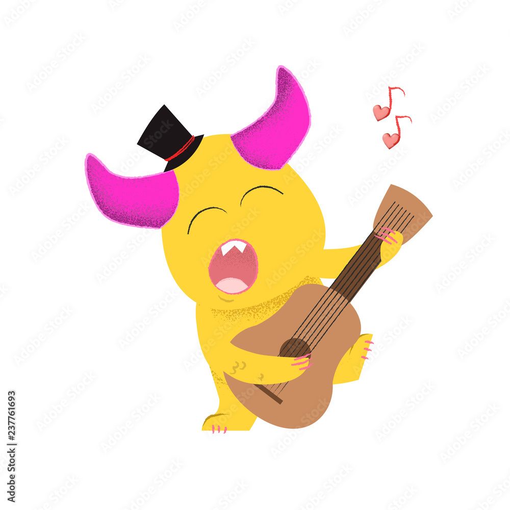 Cute cartoon monster playing guitar and singing love song. Love concept.  Vector illustration can be used for topics like party invitation,  Valentines day, concert Stock Vector | Adobe Stock