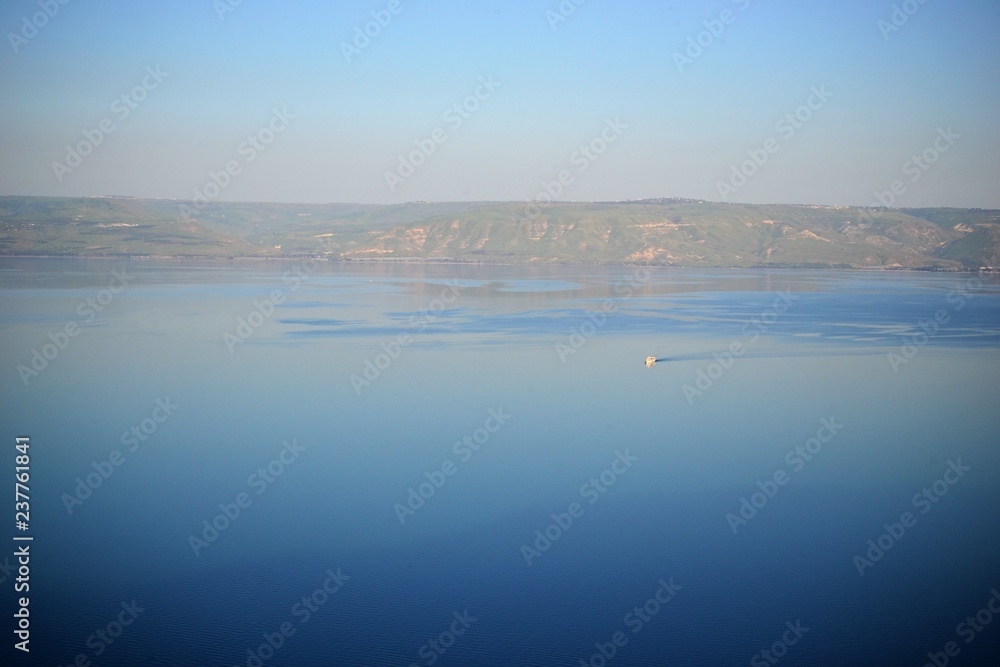 View of the sea of Galilee Kinneret lake from Mt. Arbel mountain, beautiful lake landscape, Israel, Tiberias