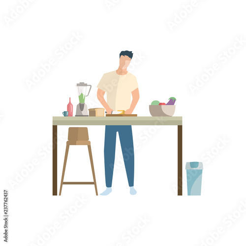 Man preparing smoothie of vegetables flat icon. Cooking, vegetarian, healthy eating. Leisure concept. Vector can be used for topics like food, domestic lifestyle, wellness