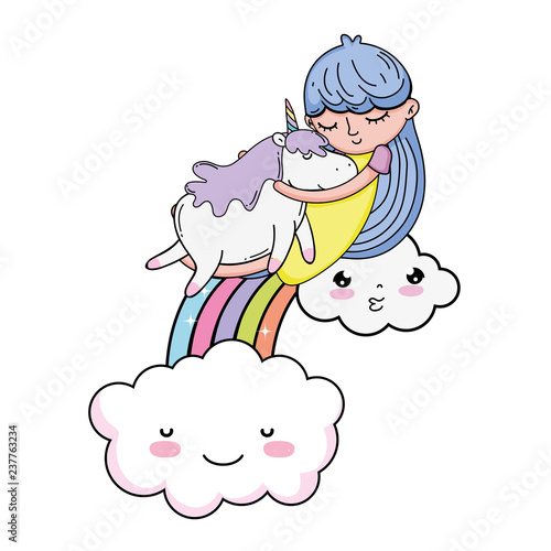 little girl with unicorn and rainbow kawaii