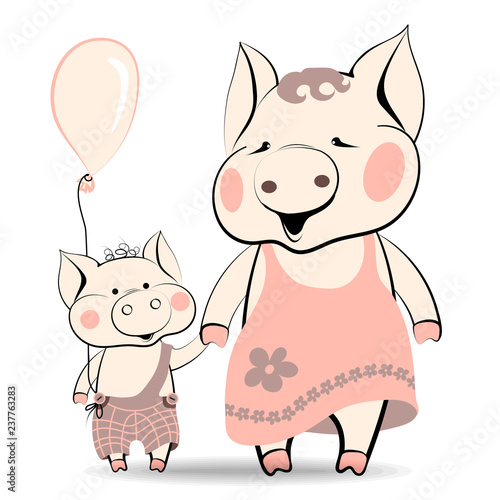 Cartoon Characters of the New Year on the Chinese Calendar Mom Pig and Son Piggy merrily, holding hands holding the piglet holding a balloon. Happy childhood!