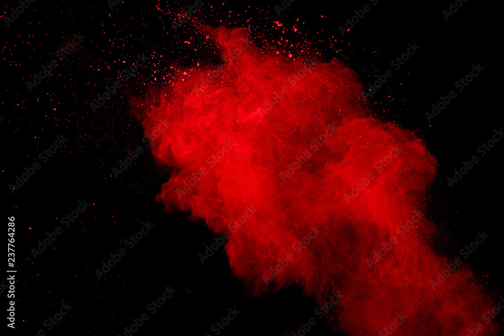 Abstract Red powder splatted background,Freeze motion of red powder exploding/throwing green dust. - obrazy, fototapety, plakaty 
