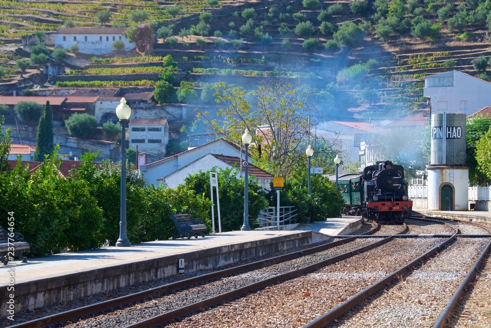 Fototapeta premium Pociąg przyjeżdżający na stację w Pinhao w dolinie Douro w Portugalii