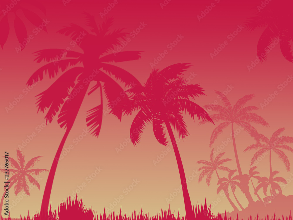 red silhouettes of palm trees on pink red background,several palm trees, place for inscription