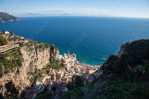 Panorama of Atrani and Amalfi Coast seen from the Ziro tower, Salerno, Italy