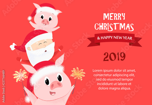 Merry Christmas and Happy New Year sample banner design. Inscription with piglets and Santa on red background with sample text. Can be used for postcards, invitations, greeting cards